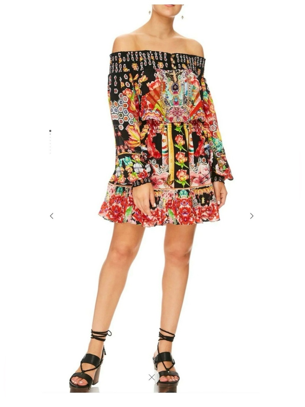 Camilla Painted Land Off Shoulder Dress 100% Silk Embellished Floral Size S